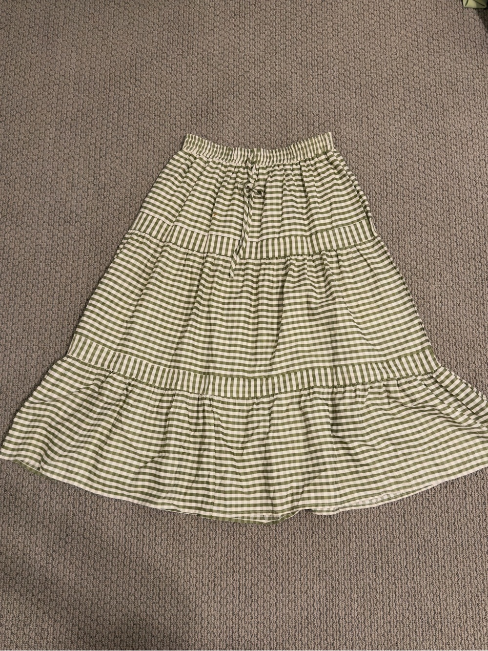 Olive Green Gingham Tiered Maxi Skirt Cottagecore Coastal Size M - Picture 3 of 4